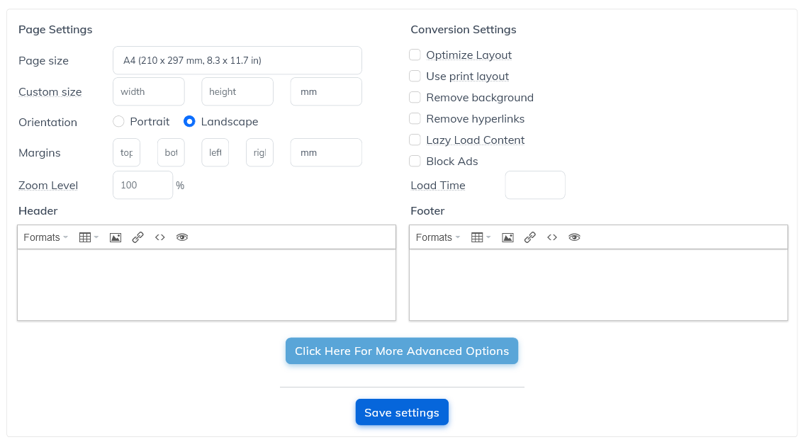 default API options